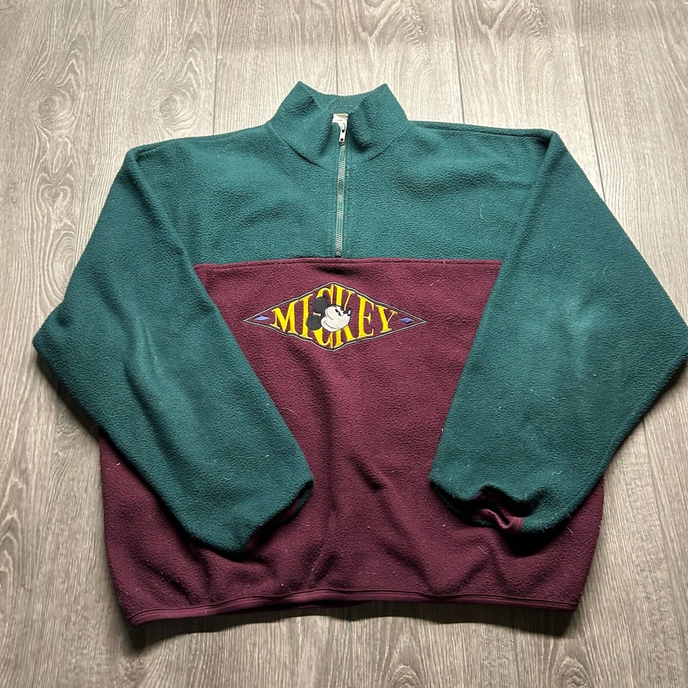 Vintage Mickey & Co Disney Fleece Quarter Zip Pullover Green Burgundy Mens XL